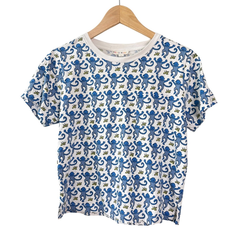 Roller Rabbit Kids Blue Monkey Print Cotton Pocket T-Shirt Size Small